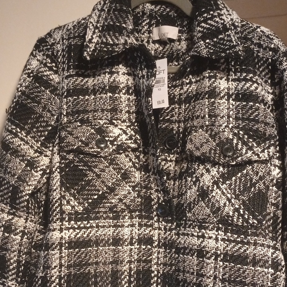 LOFT Black and White Blazer with Plaid Pattern